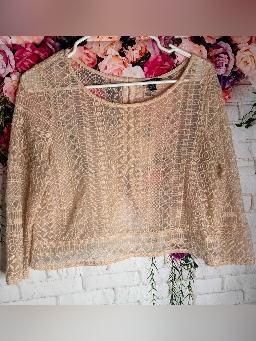 American Eagle Outfitters Pink Crochet Lace Long Sleeve Top